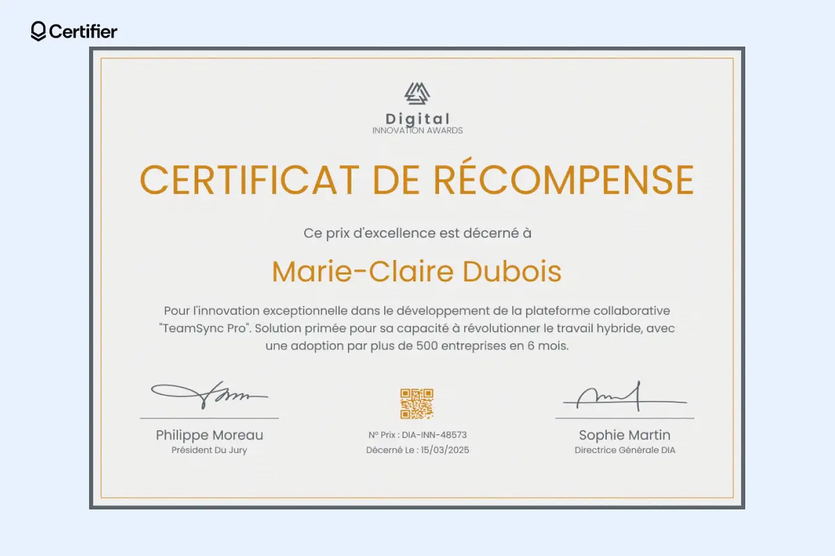 Certificat de récompense modèle pour réussite académique avec sceau doré, champs personnalisables et signatures officielles. Certificat de récompense modèle pour réussite académique avec sceau doré, champs personnalisables et signatures officielles.