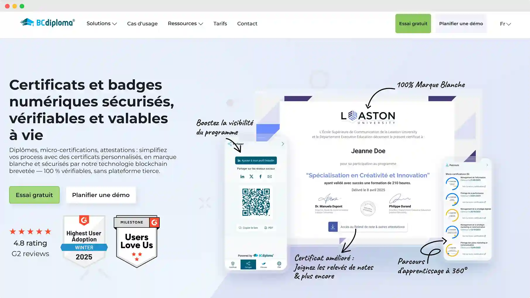 Interface du générateur de diplôme BCdiploma, illustrant un diplôme numérique sécurisé par blockchain, accessible à vie et vérifiable instantanément. Interface du générateur de diplôme BCdiploma, illustrant un diplôme numérique sécurisé par blockchain, accessible à vie et vérifiable instantanément.