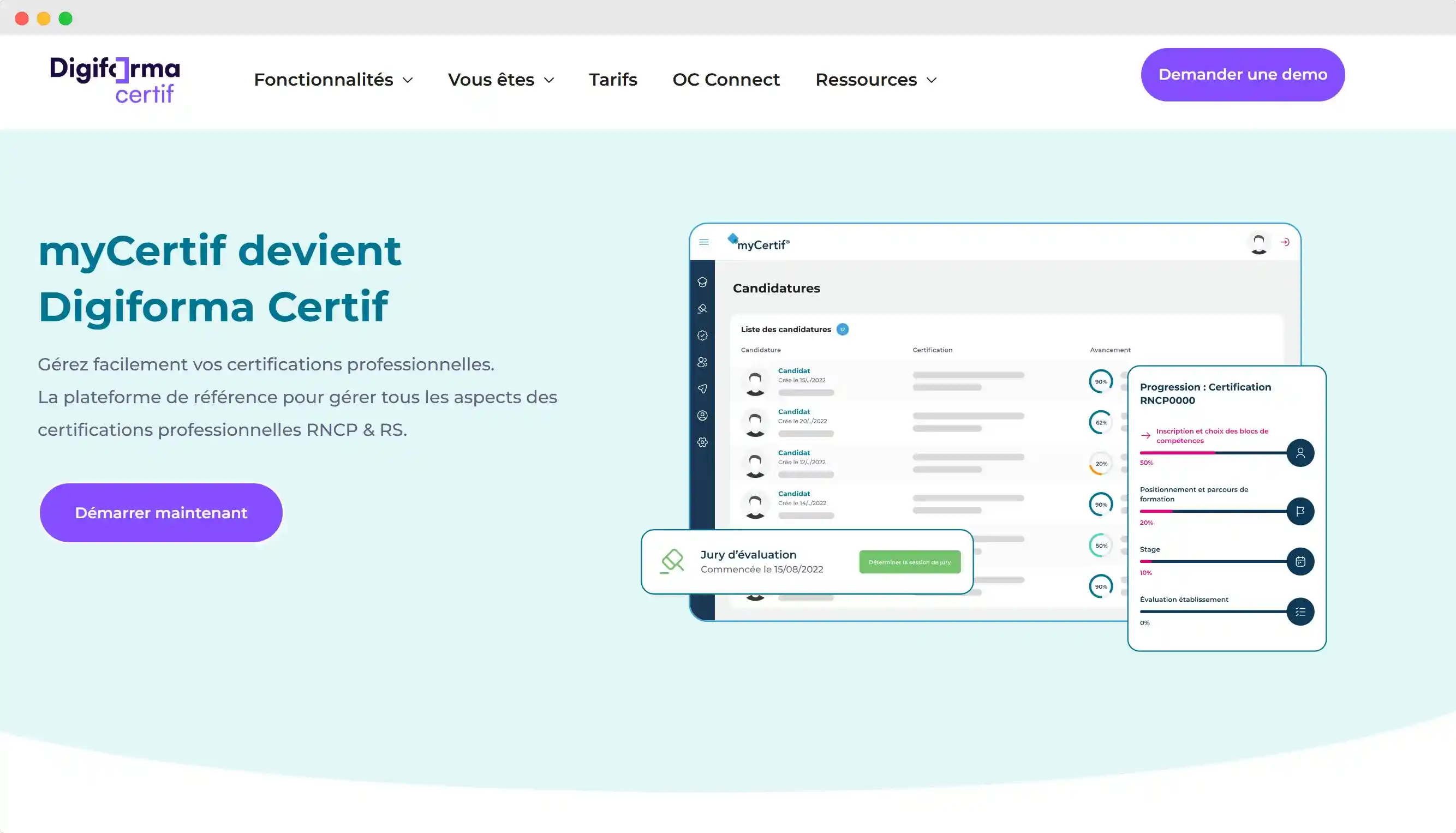 Tableau de bord de Digiforma Certif montrant l'automatisation de la génération de diplômes conformes aux normes France Compétences, avec options de personnalisation et de signature électronique. Tableau de bord de Digiforma Certif montrant l'automatisation de la génération de diplômes conformes aux normes France Compétences, avec options de personnalisation et de signature électronique.