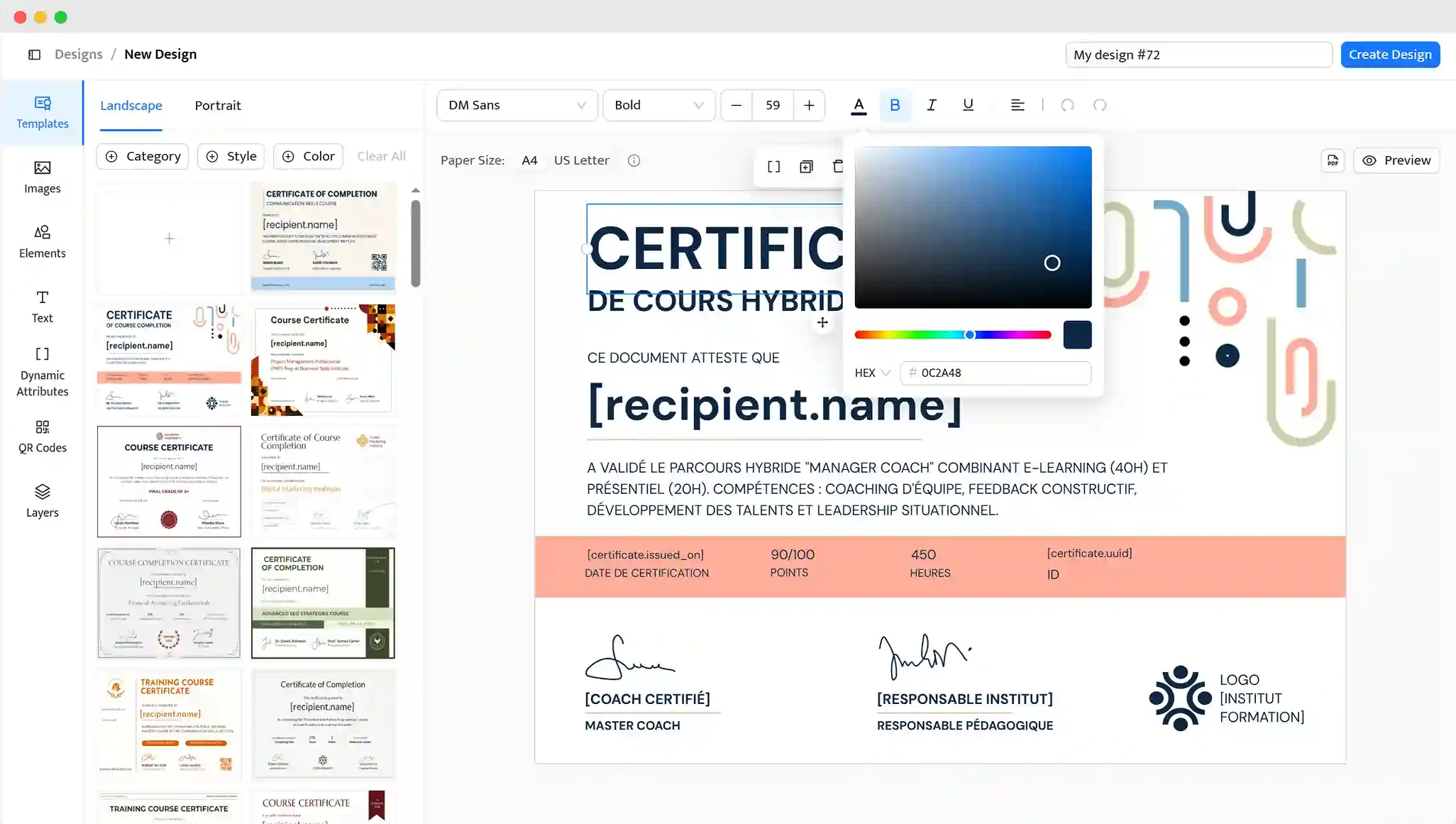 Interface du générateur de diplôme Certifier avec éditeur glisser-déposer, permettant de personnaliser le texte, les couleurs et les modèles de certificats à partir de champs dynamiques. Interface du générateur de diplôme Certifier avec éditeur glisser-déposer, permettant de personnaliser le texte, les couleurs et les modèles de certificats à partir de champs dynamiques.