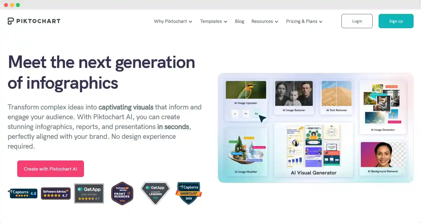 Piktochart homepage—the next generation of infographic makers with both free access and paid plans in the Piktochart account.