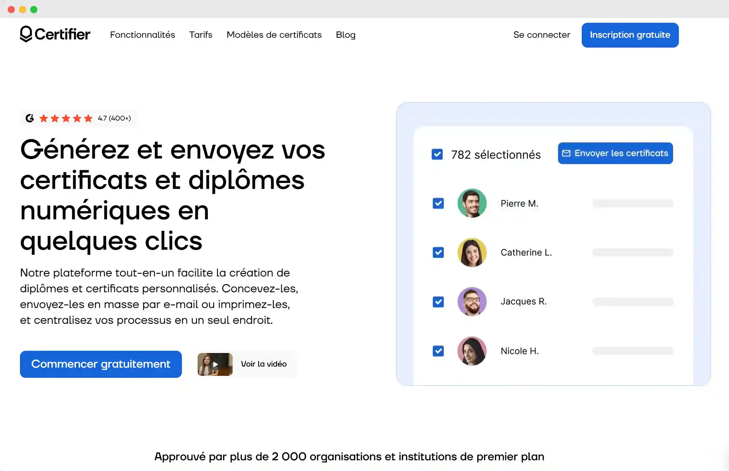 Interface de Certifier montrant comment ajouter une certification sur LinkedIn à partir d’un générateur de certifications professionnel. Interface de Certifier montrant comment ajouter une certification sur LinkedIn à partir d’un générateur de certifications professionnel.