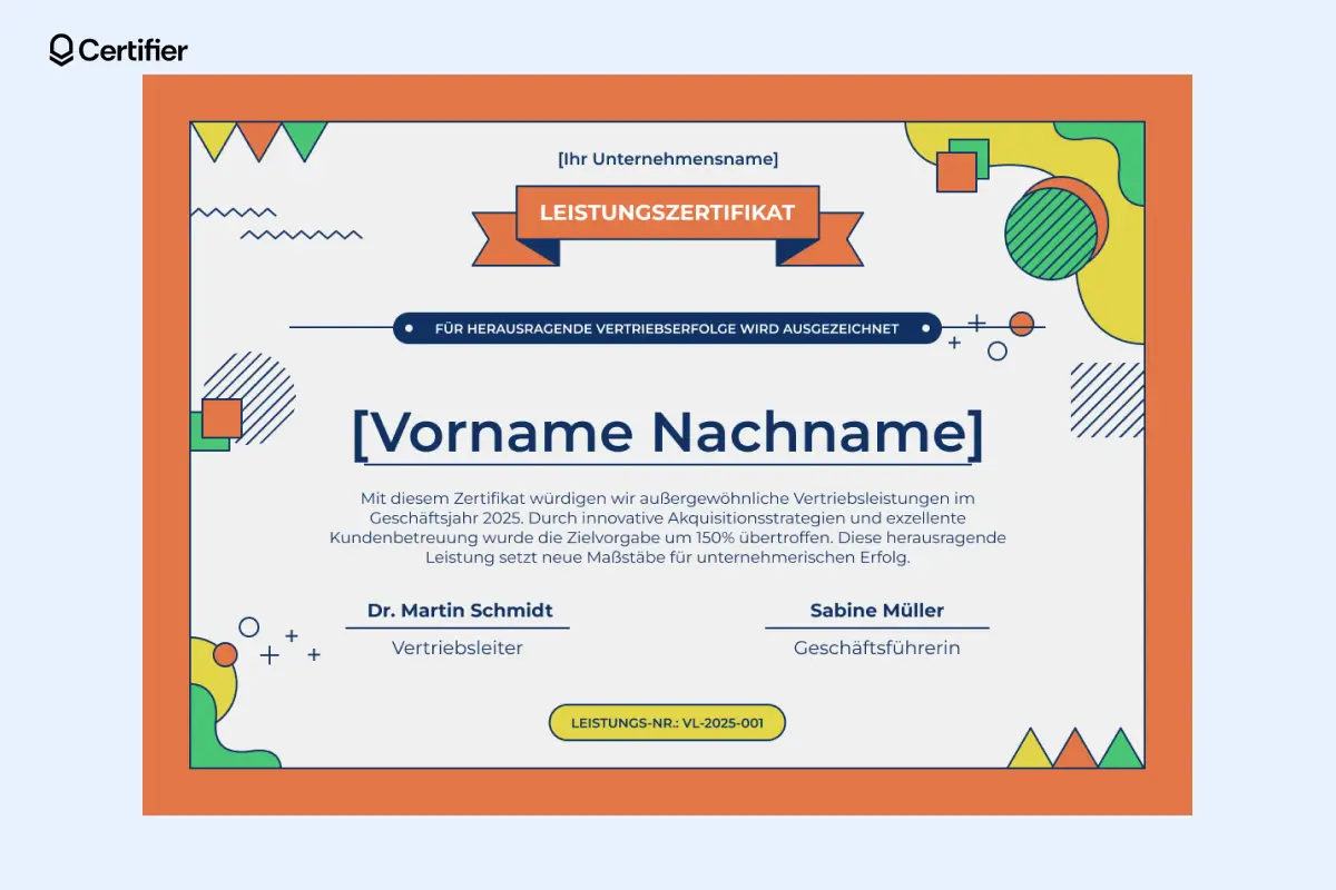 Leistungszertifikat Vorlage mit modernem, farbenfrohem Design und Platz für ein individuelles Logo. Leistungszertifikat Vorlage mit modernem, farbenfrohem Design und Platz für ein individuelles Logo.