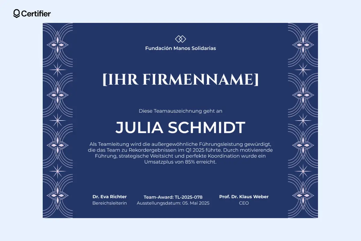 Elegante Leistungszertifikat Vorlage mit dezentem Design und blauen Akzenten – ideal für Auszeichnungen. Elegante Leistungszertifikat Vorlage mit dezentem Design und blauen Akzenten – ideal für Auszeichnungen.