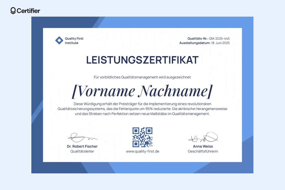 Editierbare Leistungszertifikat Vorlage mit blauem Rahmen und Platz für ein Firmenlogo. Editierbare Leistungszertifikat Vorlage mit blauem Rahmen und Platz für ein Firmenlogo.