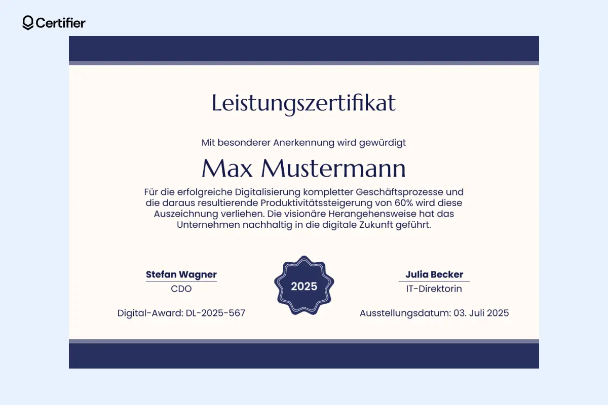 Leistungszertifikat Vorlage für Schulwettbewerbe mit klassischem Design und Unterschriftsfeldern. Leistungszertifikat Vorlage für Schulwettbewerbe mit klassischem Design und Unterschriftsfeldern.