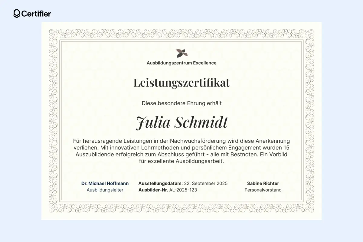 Formelles Leistungszertifikat Vorlage für Veranstaltungen mit dekorativem Design und dezenten Farben. Formelles Leistungszertifikat Vorlage für Veranstaltungen mit dekorativem Design und dezenten Farben.
