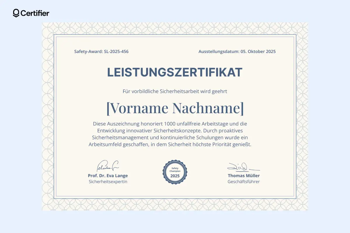 Formelles Leistungszertifikat Vorlage für Veranstaltungen mit dekorativem Design und dezenten Farben.  Formelles Leistungszertifikat Vorlage für Veranstaltungen mit dekorativem Design und dezenten Farben.