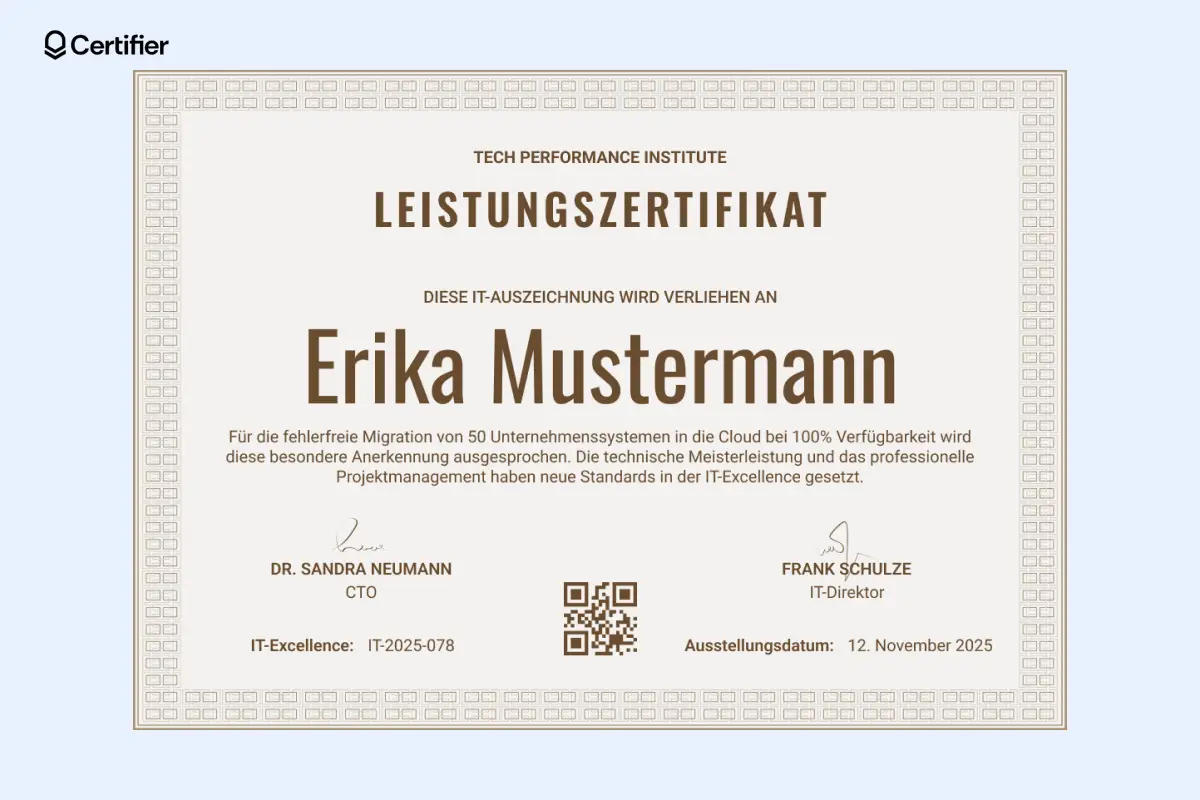 Leistungszertifikat Vorlage für Unternehmen mit formellem Design sowie Platz für Unterschriften und Firmenlogo. Leistungszertifikat Vorlage für Unternehmen mit formellem Design sowie Platz für Unterschriften und Firmenlogo.