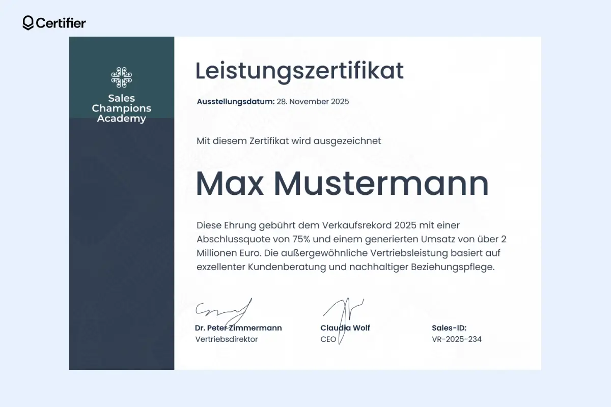 Leistungszertifikat Vorlage in Dunkelblau mit professionellem, flexibel anpassbarem Design. Leistungszertifikat Vorlage in Dunkelblau mit professionellem, flexibel anpassbarem Design.