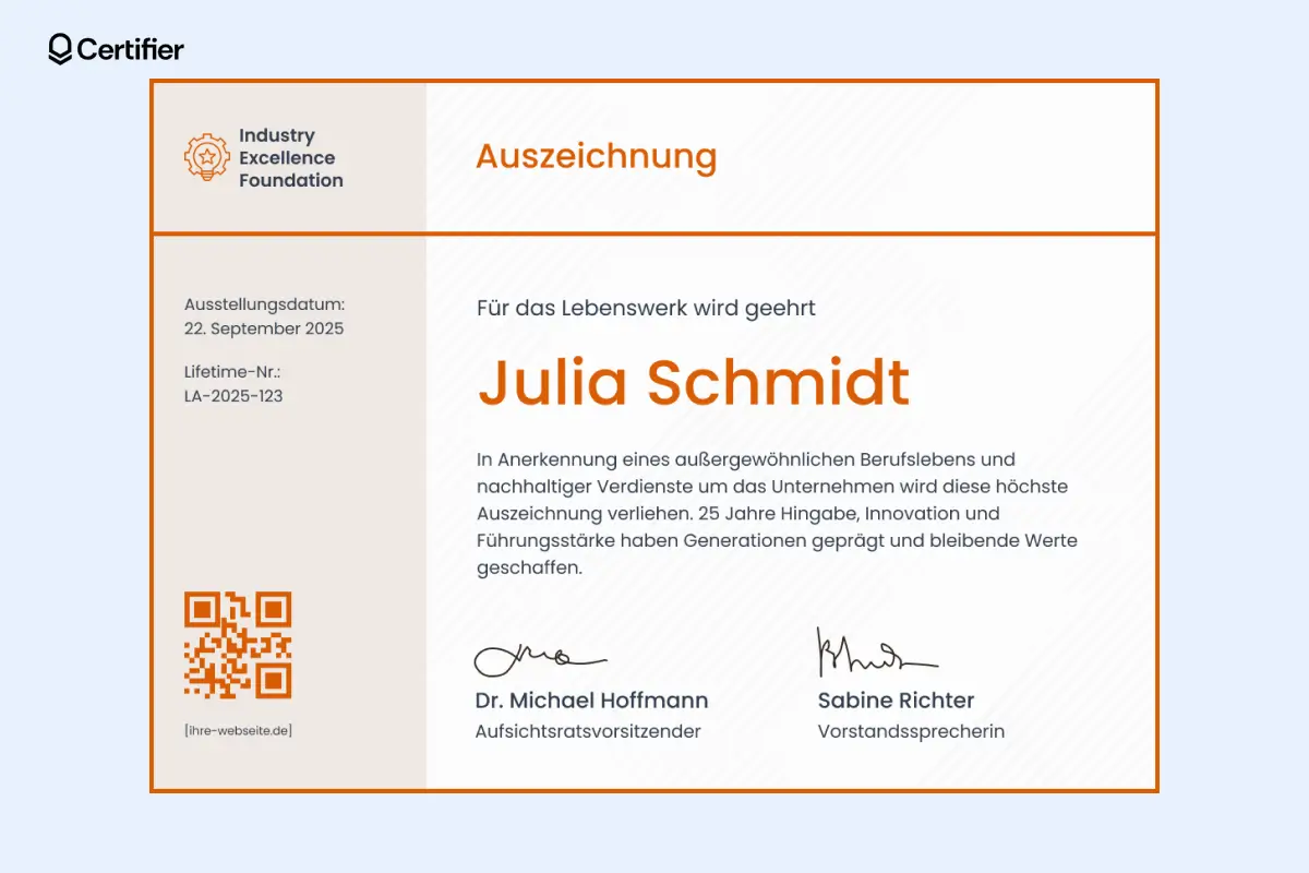 Vorlage Auszeichnung zur digitalen Verifizierung akademischer Leistungen. Vorlage Auszeichnung zur digitalen Verifizierung akademischer Leistungen.