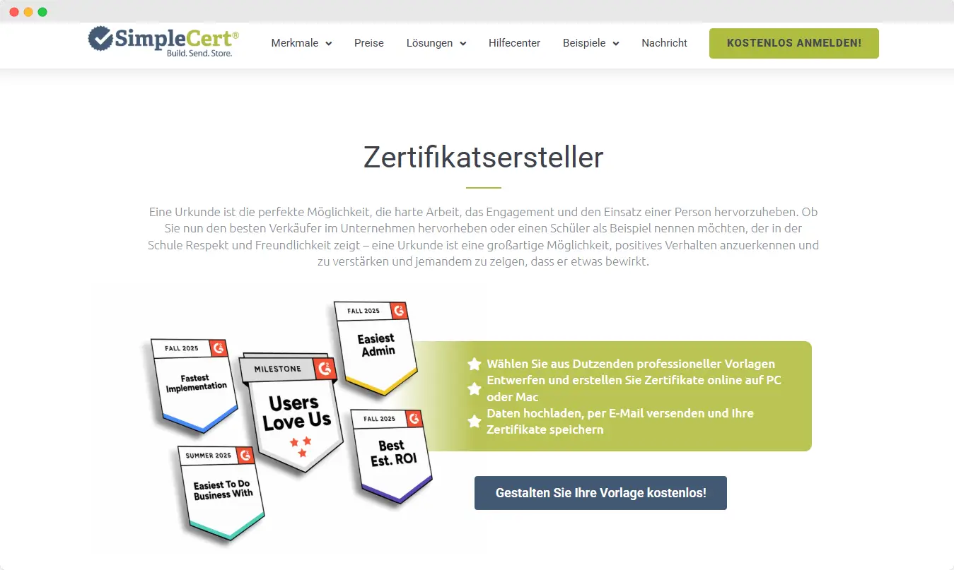 Benutzeroberfläche von SimpleCert mit einer editierbaren Vorlage und Feldern zur Anpassung von Texten, Bildern und Empfängerdaten. Benutzeroberfläche von SimpleCert mit einer editierbaren Vorlage und Feldern zur Anpassung von Texten, Bildern und Empfängerdaten.