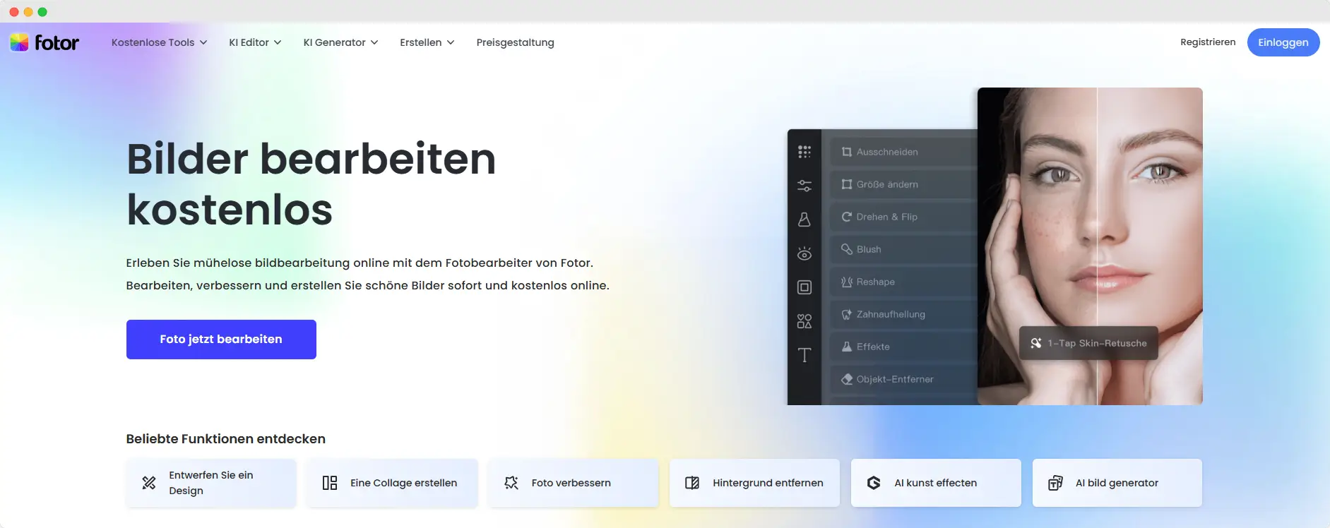Fotor-Webseite mit dem Titel „Bilder bearbeiten kostenlos“ und einer Benutzeroberfläche zur Online-Bildbearbeitung. Fotor-Webseite mit dem Titel „Bilder bearbeiten kostenlos“ und einer Benutzeroberfläche zur Online-Bildbearbeitung.