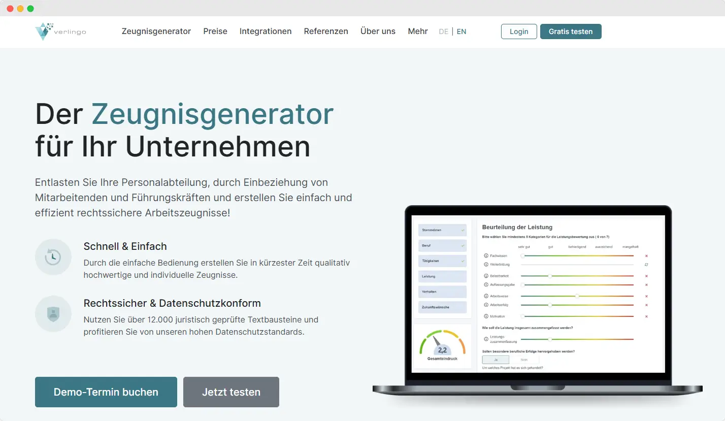 Benutzeroberfläche des Verlingo Zeugnisgenerators mit Textbausteinen und Workflow-Optionen zur Erstellung digitaler Zeugnisse. Benutzeroberfläche des Verlingo Zeugnisgenerators mit Textbausteinen und Workflow-Optionen zur Erstellung digitaler Zeugnisse.