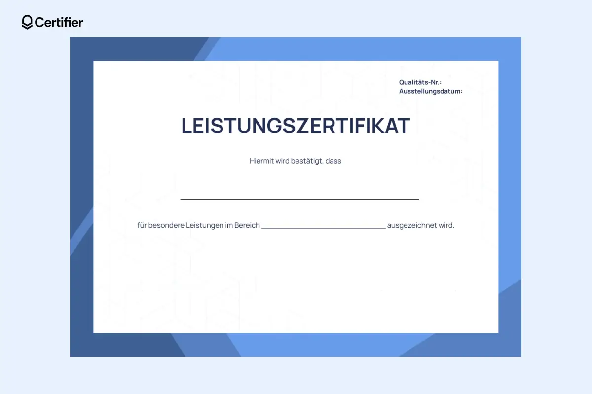 Blanko Zertifikat Vorlage für berufliche Leistungen mit blauem Rand. Blanko Zertifikat Vorlage für berufliche Leistungen mit blauem Rand.