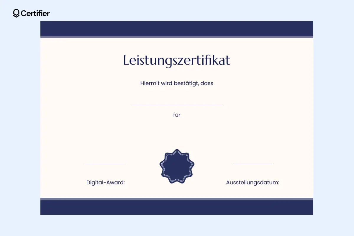 Blanko Zertifikat Vorlage mit marineblauem Kopfbereich für Akademien. Blanko Zertifikat Vorlage mit marineblauem Kopfbereich für Akademien.