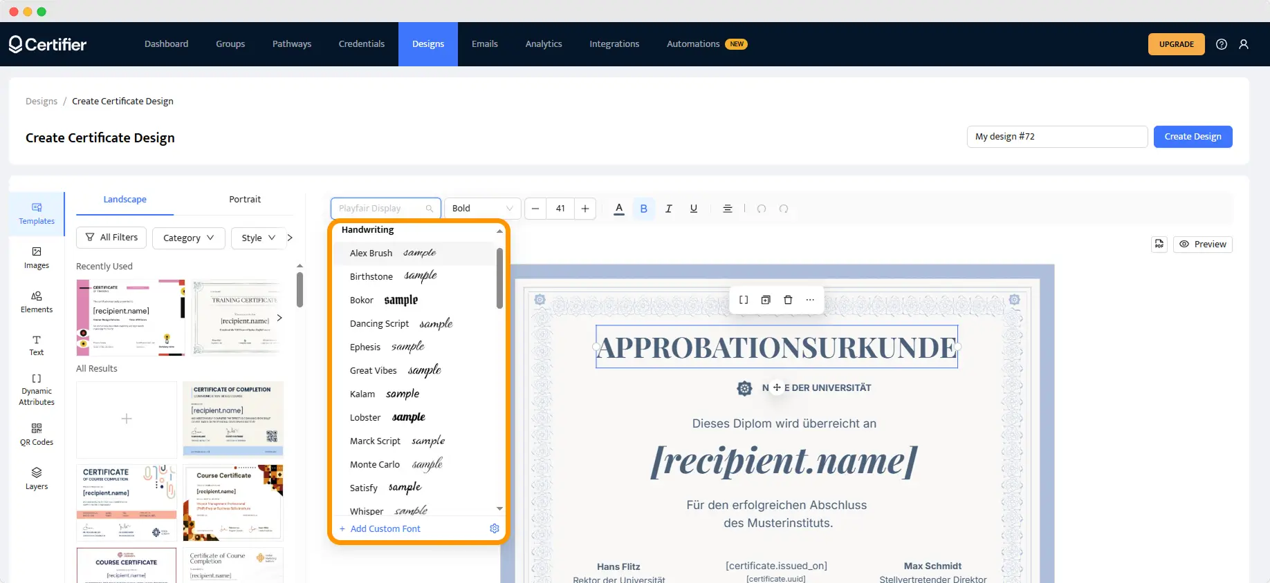  Persönliche Unterschrift Schriftarten und kalligrafische Fonts für digitale Zertifikate in Certifier.