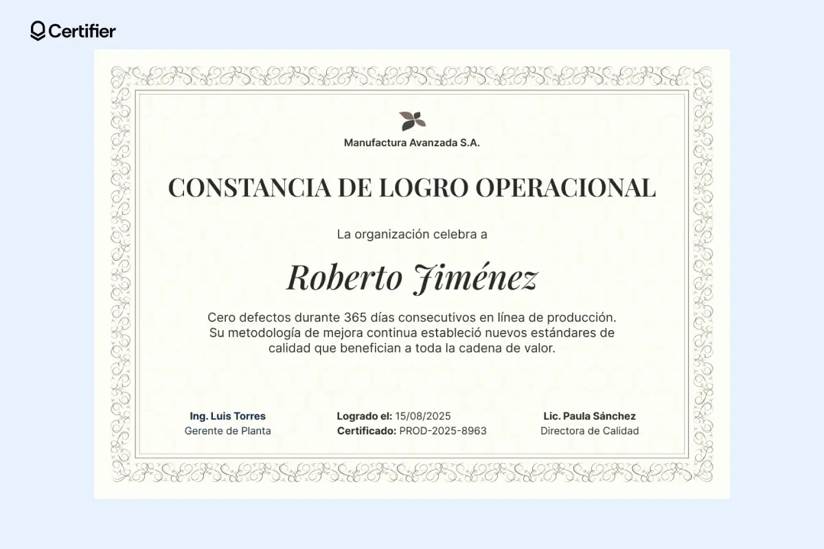 Certificado formal para eventos con diseño decorativo y colores sobrios. Certificado formal para eventos con diseño decorativo y colores sobrios.