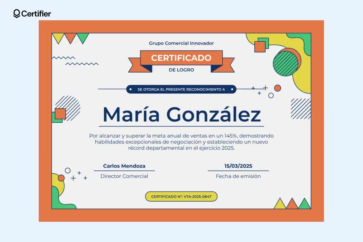 Modelo de certificado de logro colorido y moderno con diseño llamativo y espacio para logo personalizado. Modelo de certificado de logro colorido y moderno con diseño llamativo y espacio para logo personalizado.