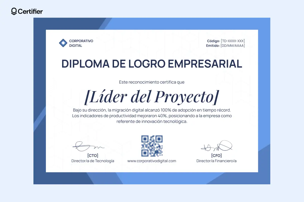 Modelo de certificado de logro editable con marco azul y espacio para logotipo. Modelo de certificado de logro editable con marco azul y espacio para logotipo.