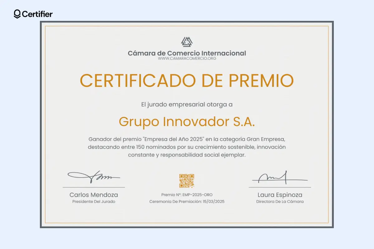 Modelo de certificado de premio editable para empleados destacados. Modelo de certificado de premio editable para empleados destacados.