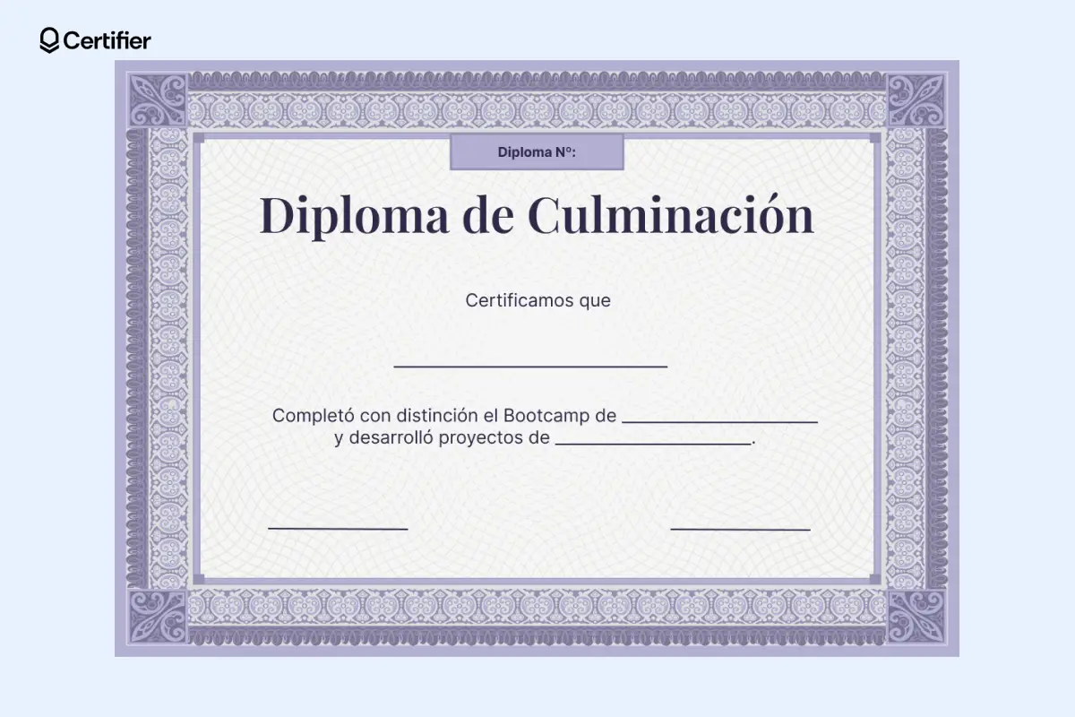 Plantilla de diploma en blanco profesional para finalización en tonos violetas. Plantilla de diploma en blanco profesional para finalización en tonos violetas.