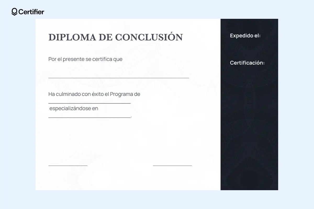 Plantilla editable de diploma en blanco con panel lateral oscuro. Plantilla editable de diploma en blanco con panel lateral oscuro.