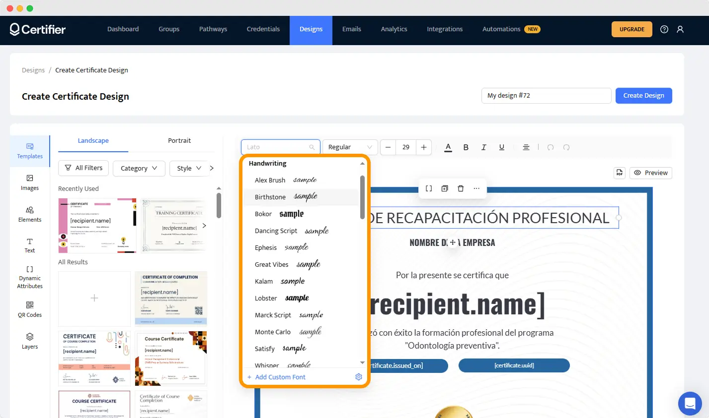 Fuentes para firmas personales y fuentes caligraficas para firmas en Certifier para certificados digitales.