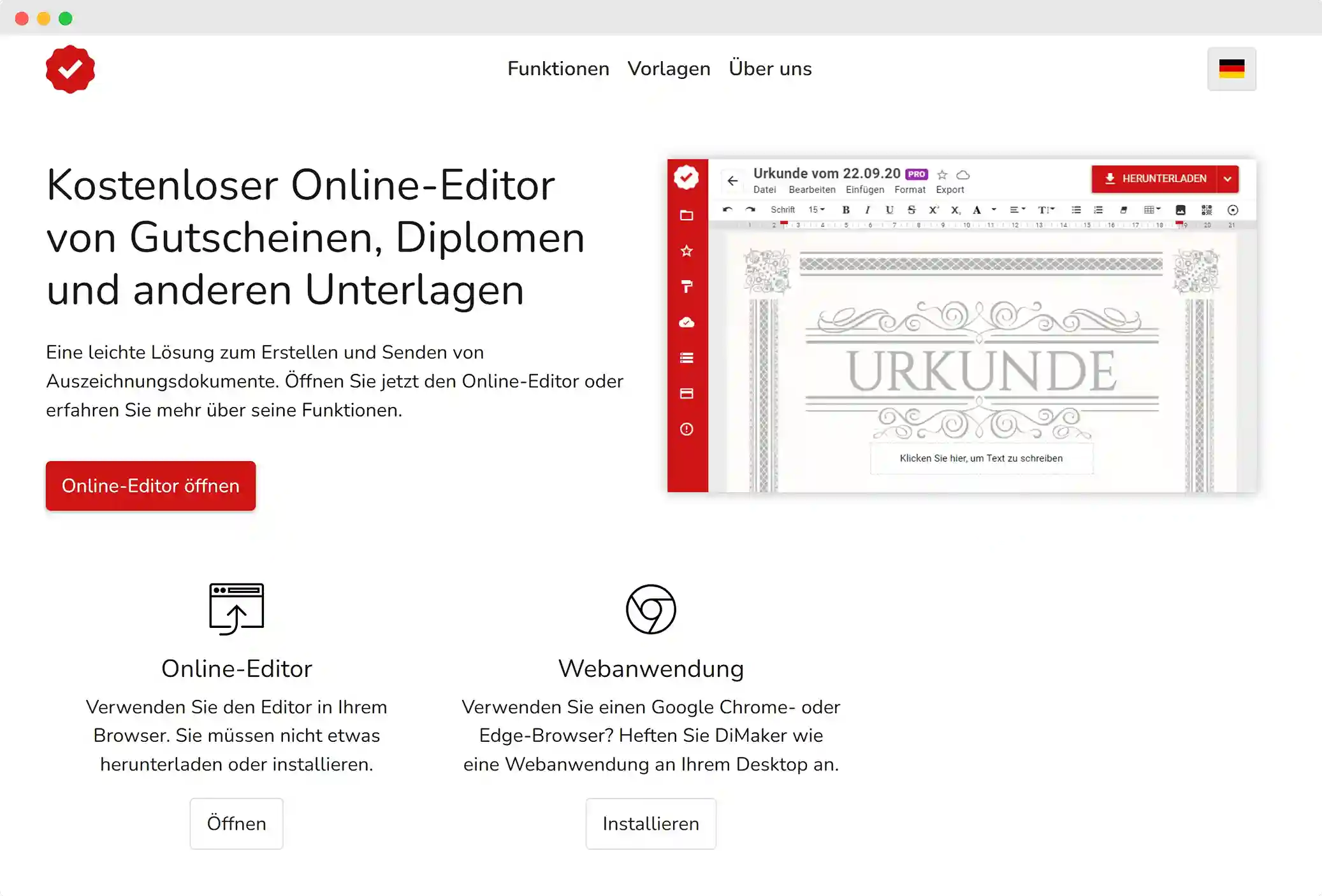 DiMaker-Editor mit offenem Diplom-Template, Bearbeitungsoptionen und Farbsteuerung im rechten Bedienfeld. DiMaker-Editor mit offenem Diplom-Template, Bearbeitungsoptionen und Farbsteuerung im rechten Bedienfeld.
