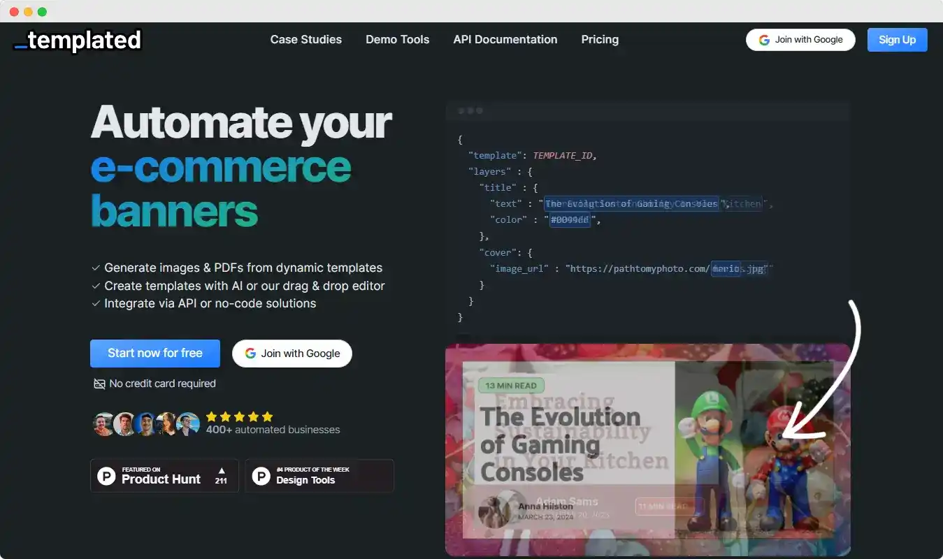 Templated.io homepage—a platform with robust features and formats that sets Templated apart from the most interesting apps.
