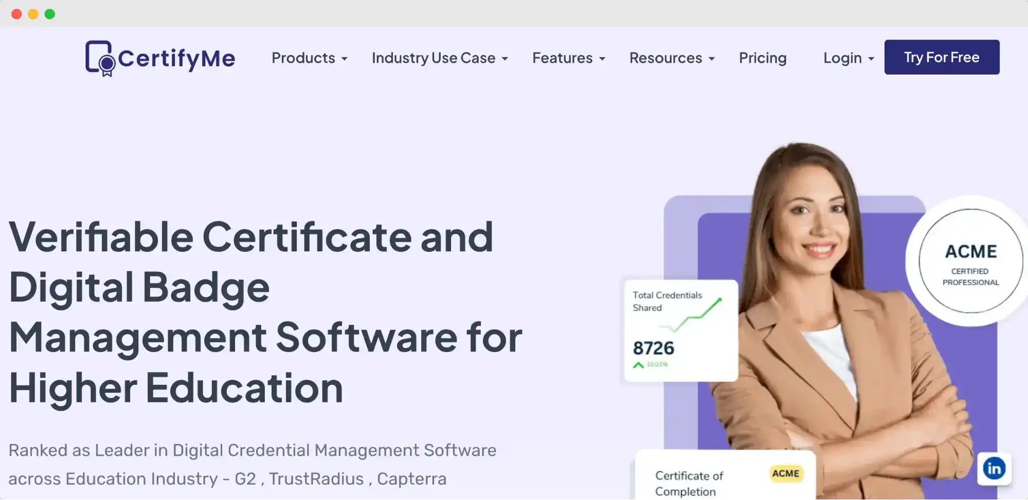 CertifyMe homepage—a perfect Templated alternative for verifiable certificates and digital badge management.