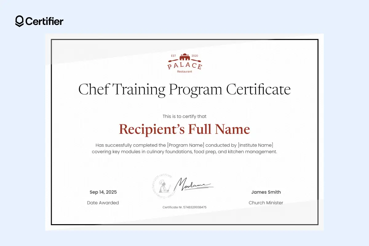 Refined monochrome chef training certificate with geometric background pattern and centered recipient details. Refined monochrome chef training certificate with geometric background pattern and centered recipient details.
