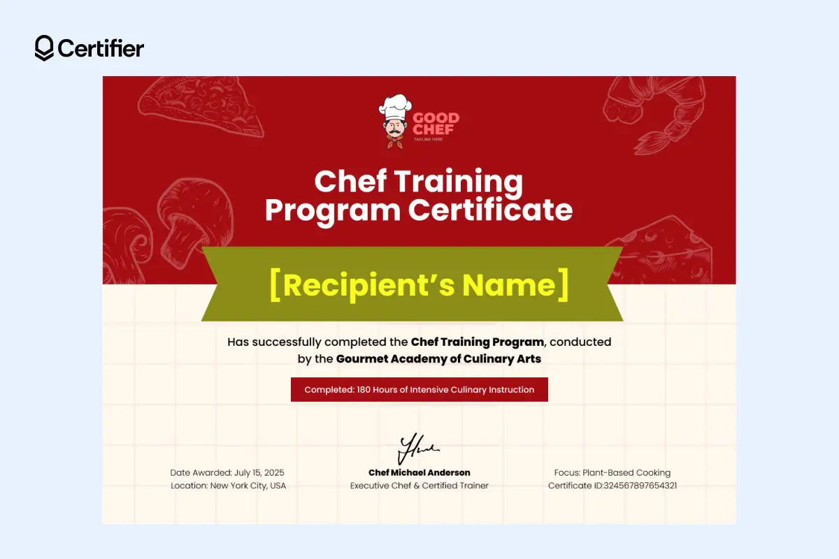 Cooking certificate template free file; red and olive chef training certificate template with centered recipient name and top logo placement. Cooking certificate template free file; red and olive chef training certificate template with centered recipient name and top logo placement.
