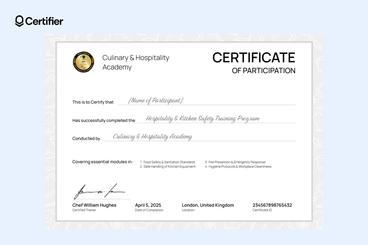 White culinary certificate template with outlined cooking-themed frame and neatly divided information sections. White culinary certificate template with outlined cooking-themed frame and neatly divided information sections.