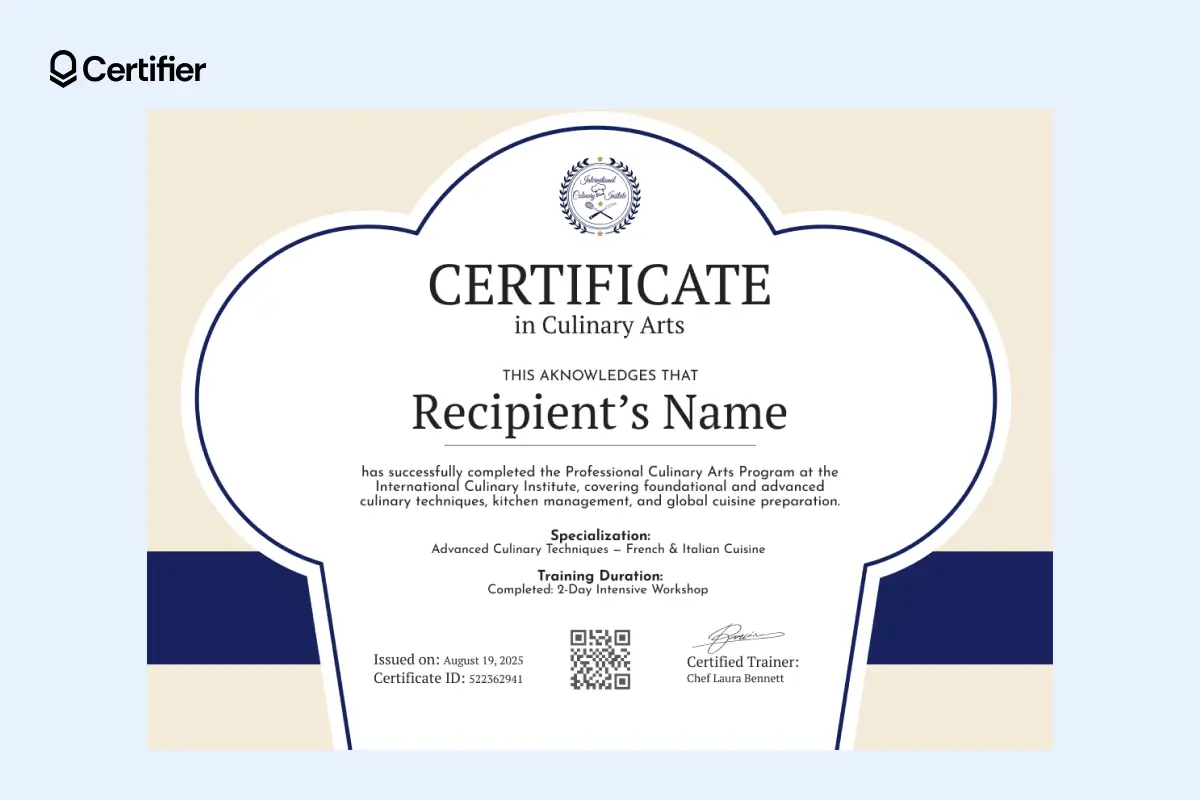 Chef’s hat–shaped culinary certificate template with recipient name centered and specialization field below. Chef’s hat–shaped culinary certificate template with recipient name centered and specialization field below.