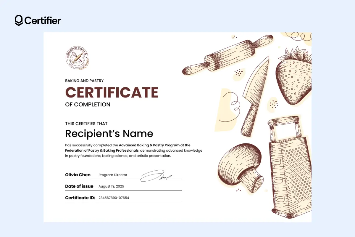 Certificate template in beige with cooking accessories, vegetables and fruits. Certificate template in beige with cooking accessories, vegetables and fruits.