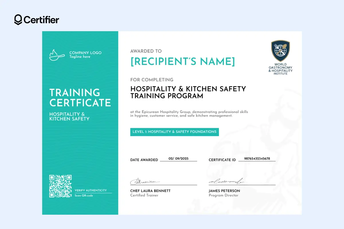 Turquoise culinary training certificate template with bold left-side stripe and colored level field. Turquoise culinary training certificate template with bold left-side stripe and colored level field.