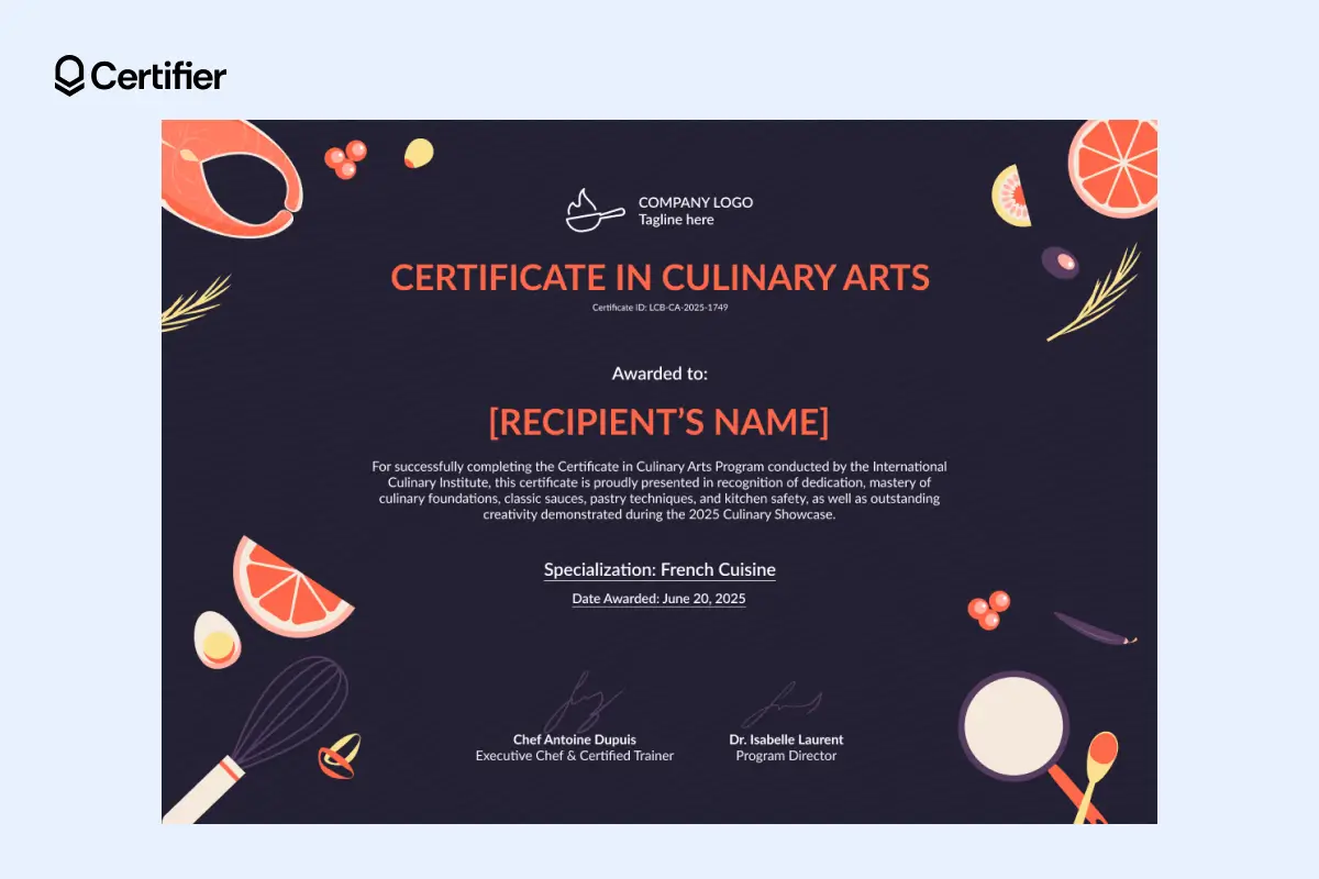 Culinary certificate template with fun illustrations and editable text fields for specialization and signatures. Culinary certificate template with fun illustrations and editable text fields for specialization and signatures.