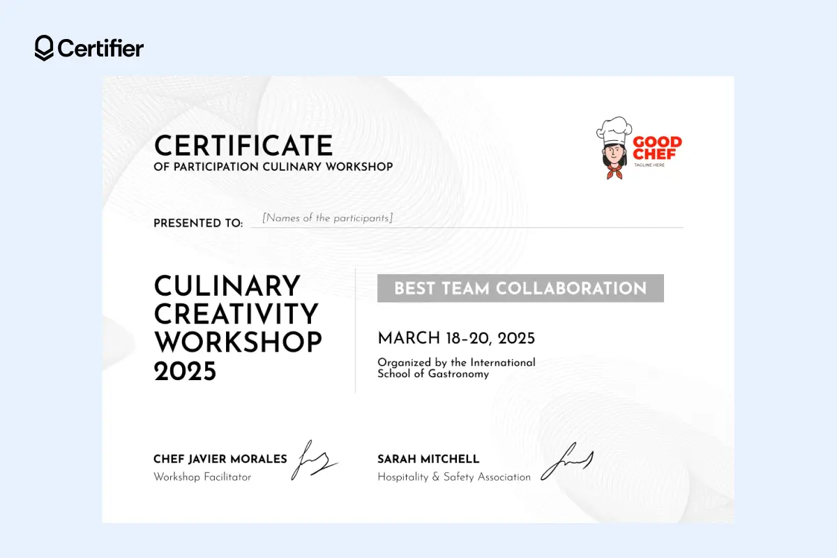Grey culinary workshop certificate template with dual-column layout separating workshop title and achievement block. Grey culinary workshop certificate template with dual-column layout separating workshop title and achievement block.