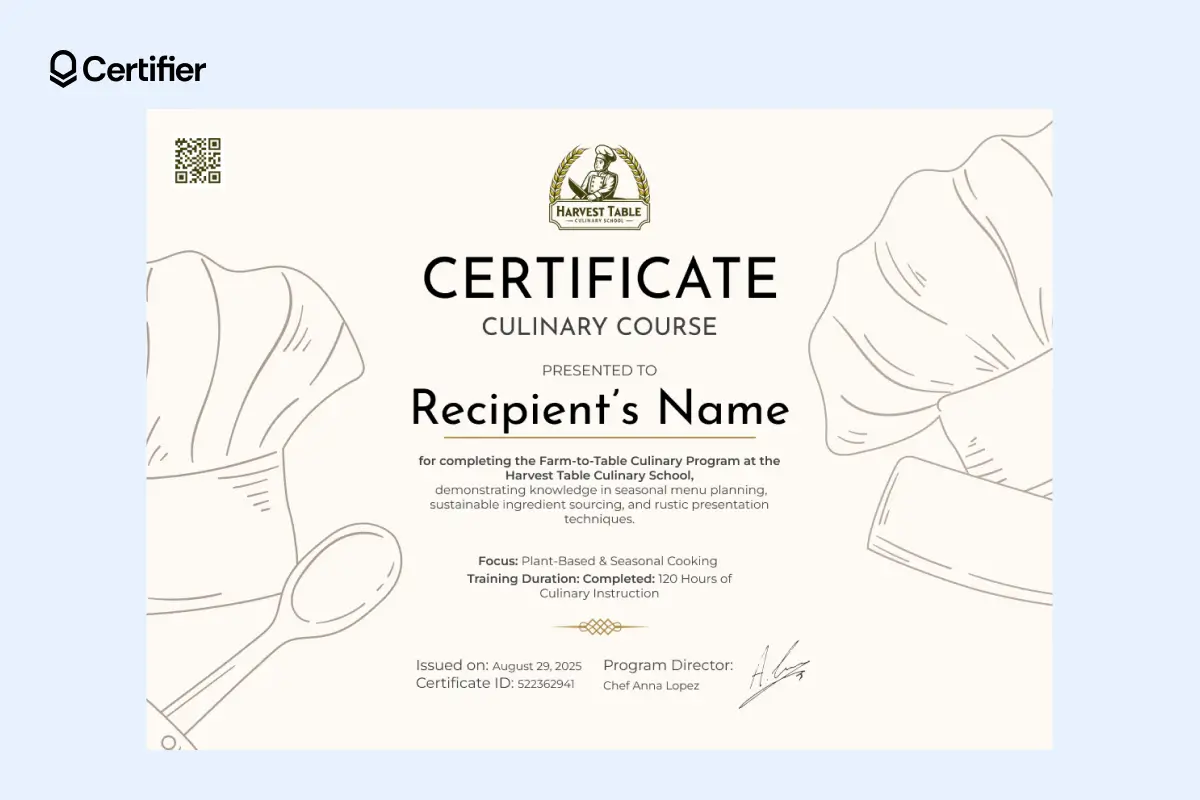 Toned beige culinary course certificate template with chef hat illustrations and corner QR code for verification. Toned beige culinary course certificate template with chef hat illustrations and corner QR code for verification.