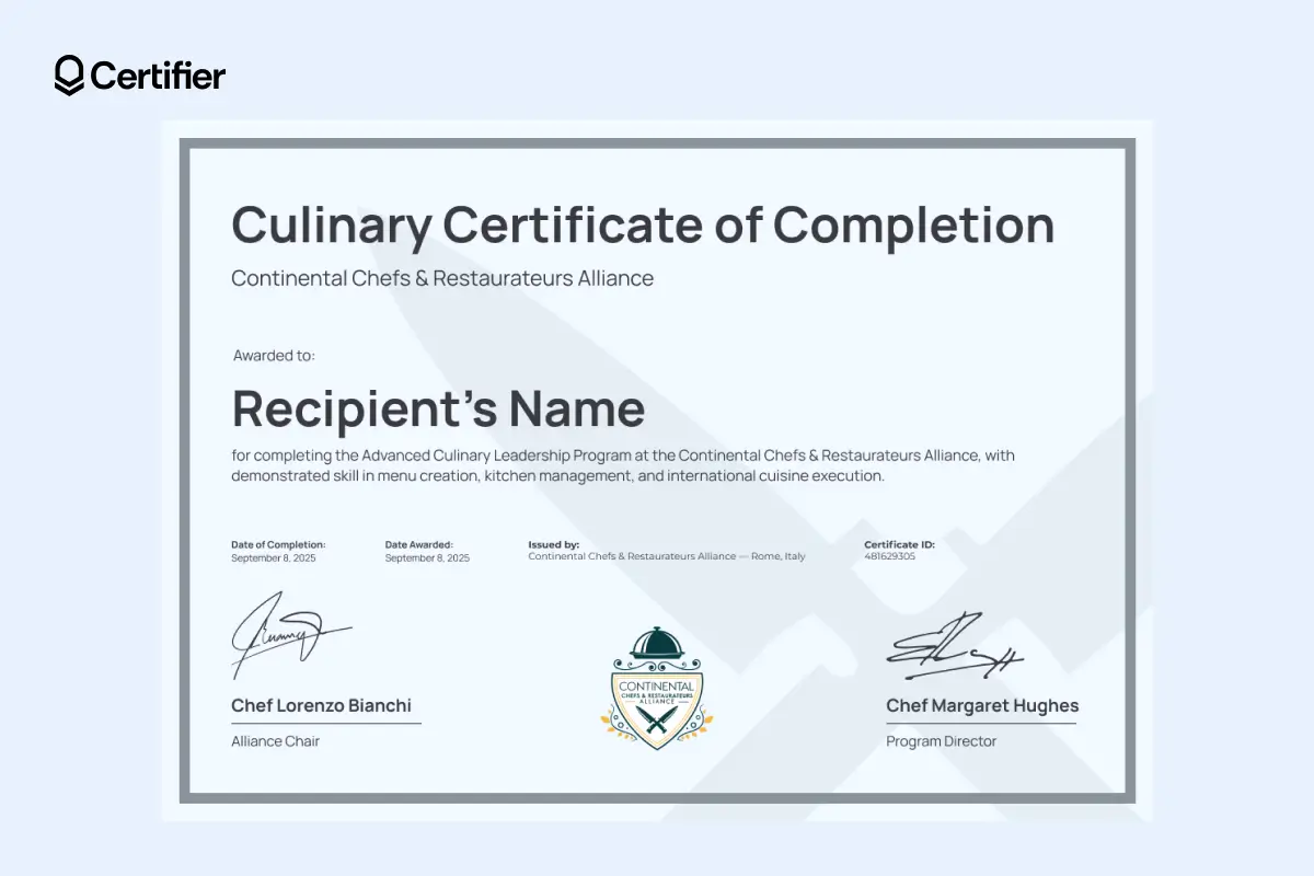 Blue culinary arts certificate template featuring subtle crossed knives watermark and one-row footer with date and ID. Blue culinary arts certificate template featuring subtle crossed knives watermark and one-row footer with date and ID.