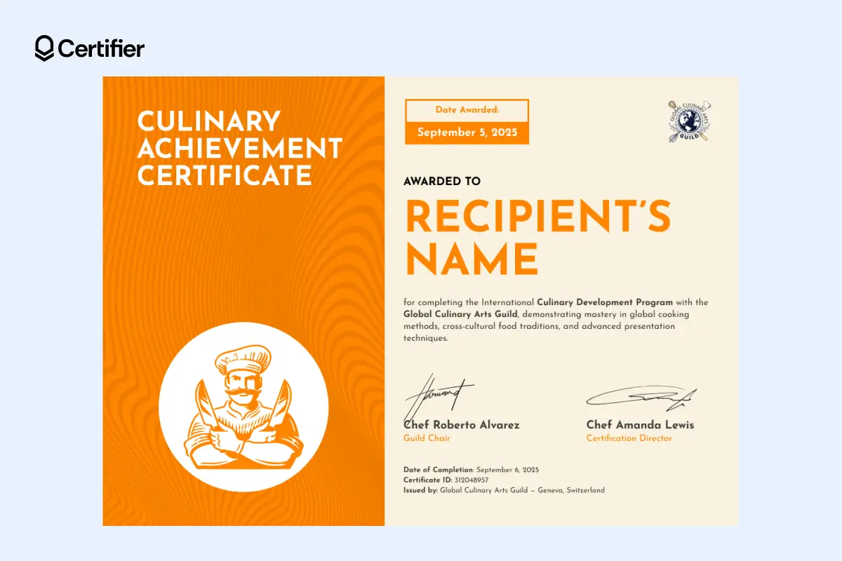 Vivid orange cooking certificate template with large chef illustration and signature space. Vivid orange cooking certificate template with large chef illustration and signature space.
