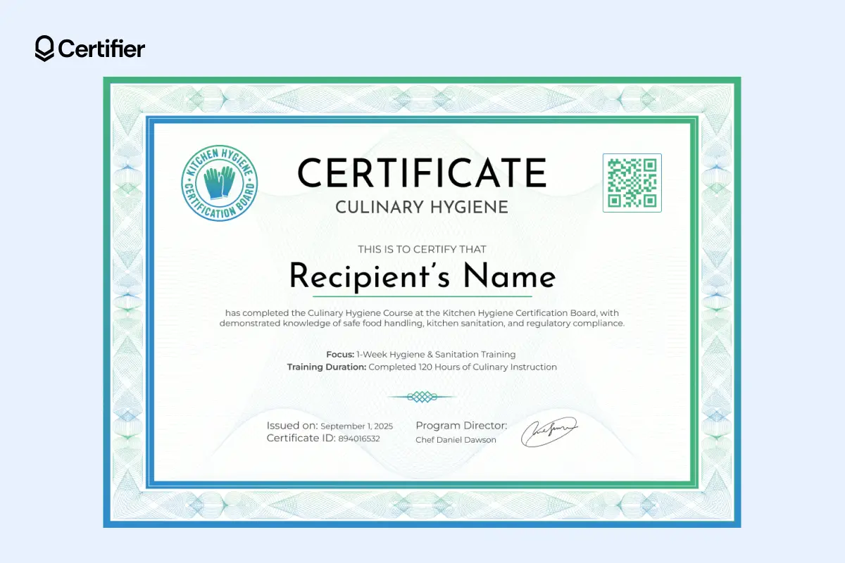 Green and blue bordered culinary hygiene certificate template with QR verification code and issued date section. Green and blue bordered culinary hygiene certificate template with QR verification code and issued date section.