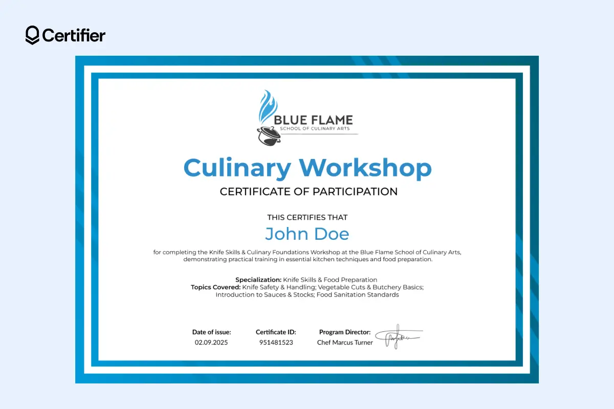 Blue-framed culinary workshop certificate template with structured title and logo placement. Blue-framed culinary workshop certificate template with structured title and logo placement.