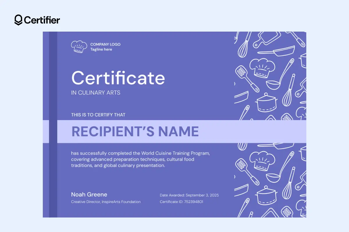 Purple one-color culinary arts certificate template with utensil graphics and auto-generated certificate ID. Purple one-color culinary arts certificate template with utensil graphics and auto-generated certificate ID.