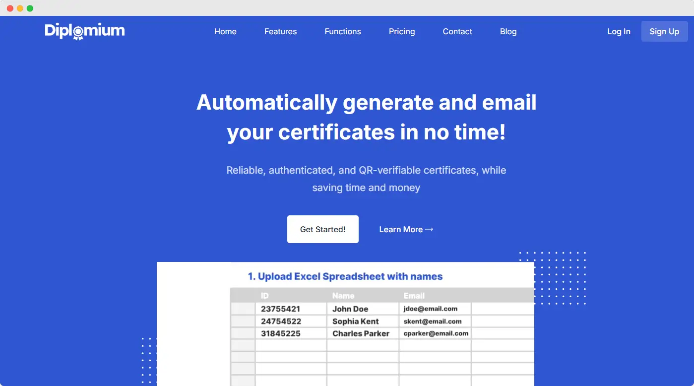 Diplomium homepage—a platform to automatically generate certificates after signing up or with a download link. Diplomium homepage—a platform to automatically generate certificates after signing up or with a download link.