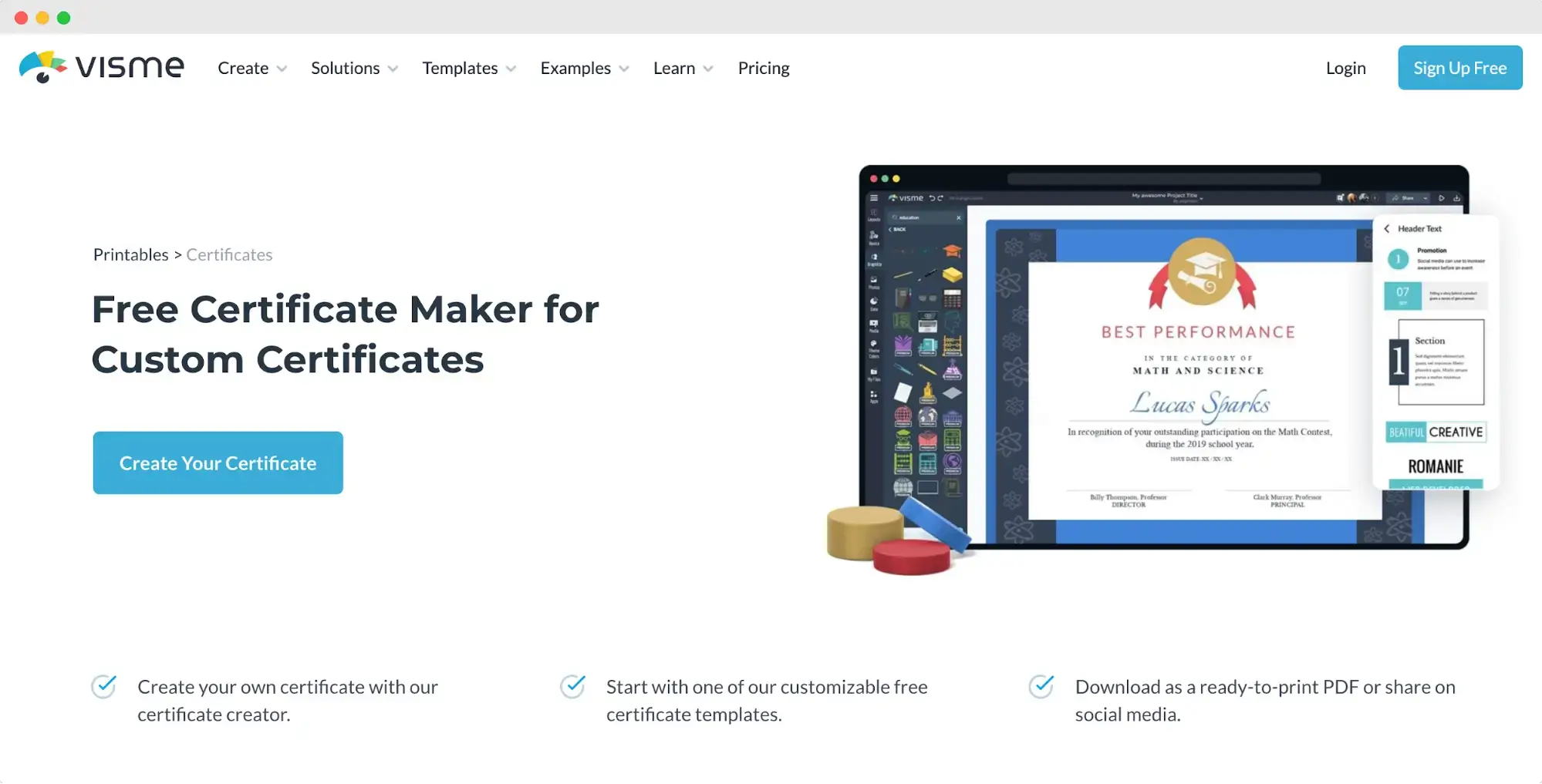 Visme’s homepage—a tool listed as one of the Diplomium alternatives, good for sales teams who want to enhance certificate issuing. Visme’s homepage—a tool listed as one of the Diplomium alternatives, good for sales teams who want to enhance certificate issuing.