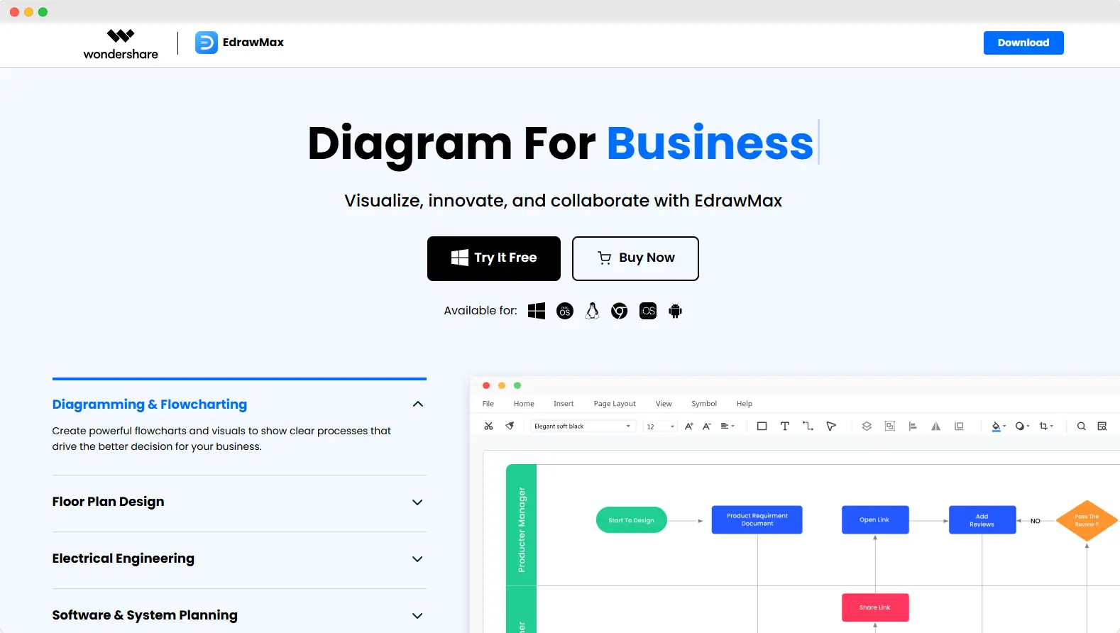 Edraw Max homepage—a platform with different diagram types, like circuit diagrams and other drawing products. Edraw Max homepage—a platform with different diagram types, like circuit diagrams and other drawing products.