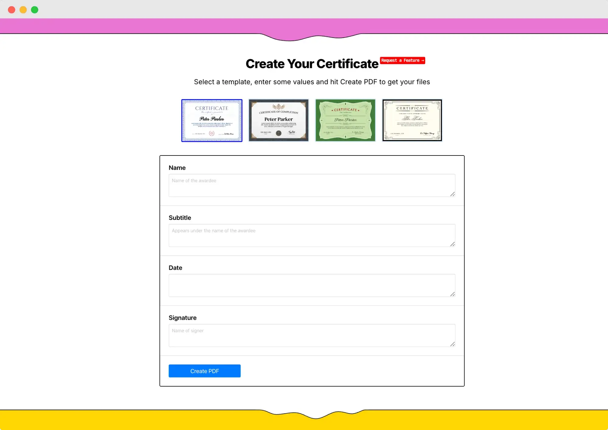 Bannerbear’s certificate generator interface; an EdrawMax alternative with simple form-based creation. Bannerbear’s certificate generator interface; an EdrawMax alternative with simple form-based creation.