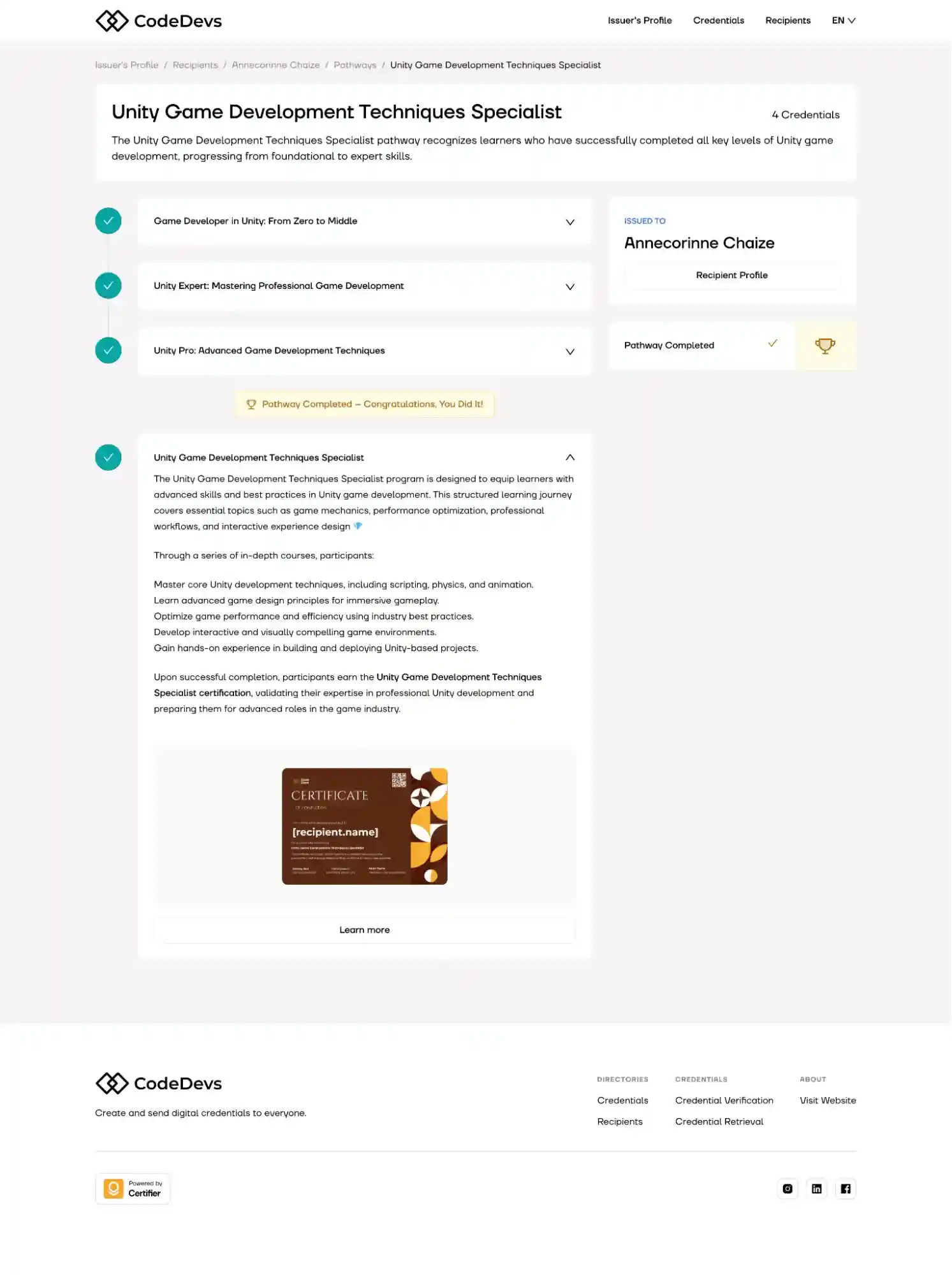 A digital credential pathway page showing completion of a program, including progress steps, description and issued certificate. A digital credential pathway page showing completion of a program, including progress steps, description and issued certificate.